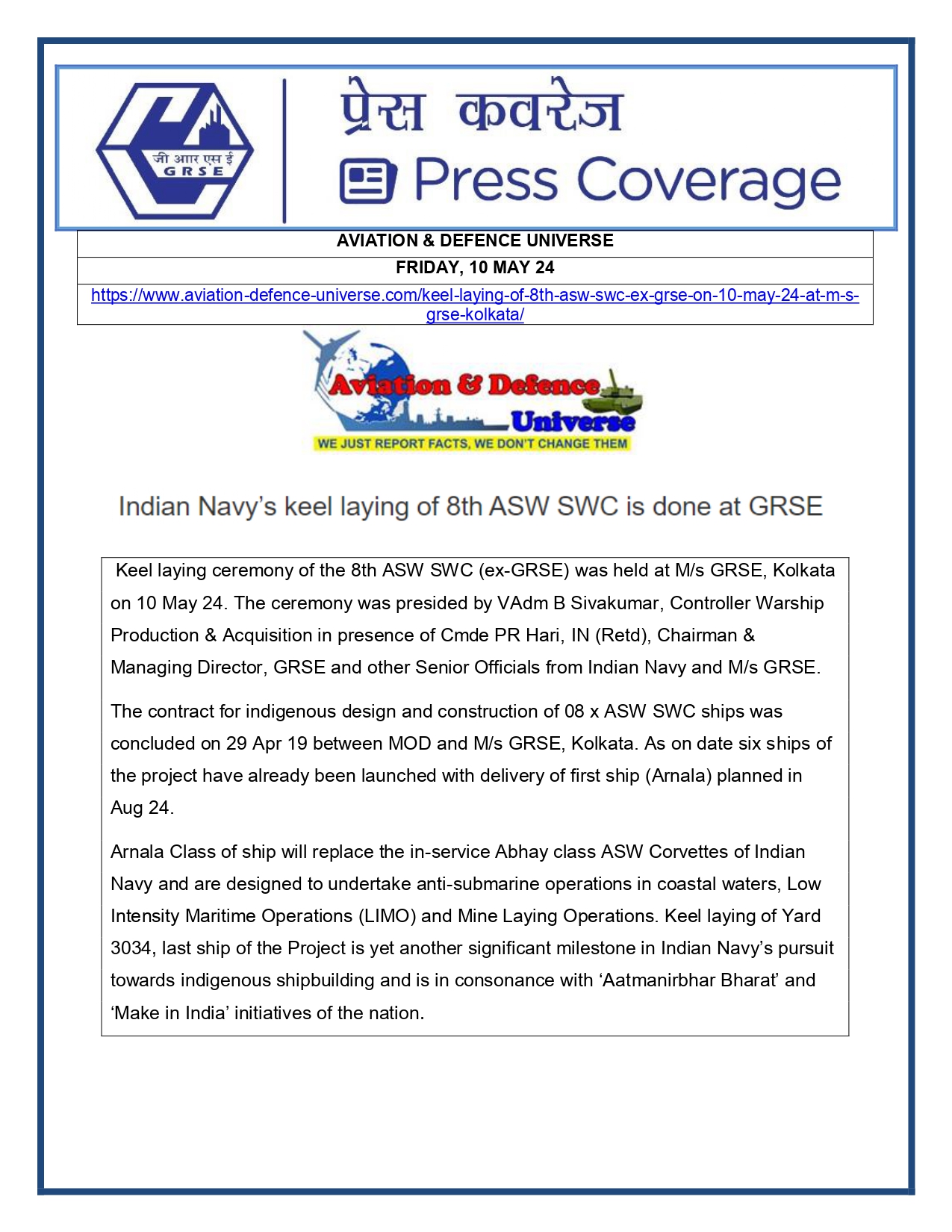 Press Coverage : Aviation & Defence Universe, 10 May 24 : Indian Navy's Keel Laying of 8th ASW SWC is done at GRSE